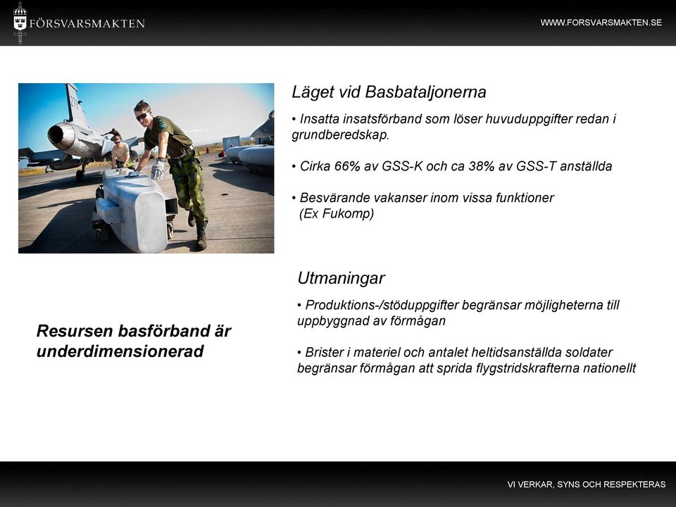 Utmaningar Resursen basförband är underdimensionerad Produktions-/stöduppgifter begränsar möjligheterna till