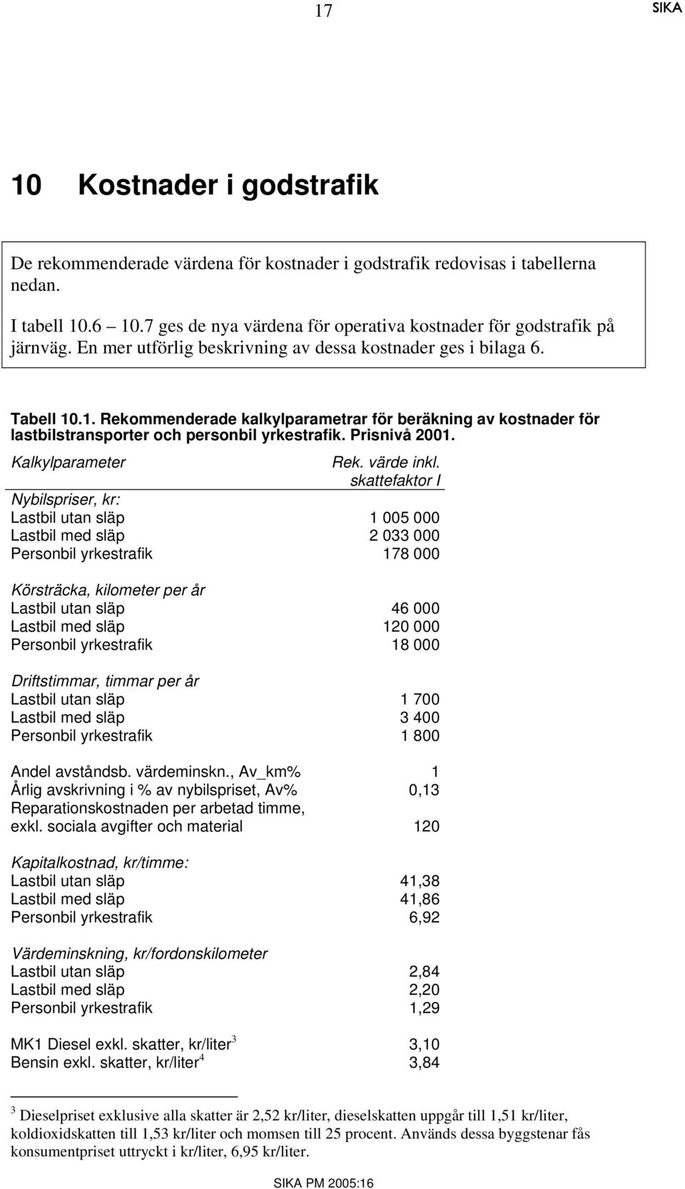 .1. Rekommenderade kalkylparametrar för beräkning av kostnader för lastbilstransporter och personbil yrkestrafik. Prisnivå 2001. Kalkylparameter Rek. värde inkl.