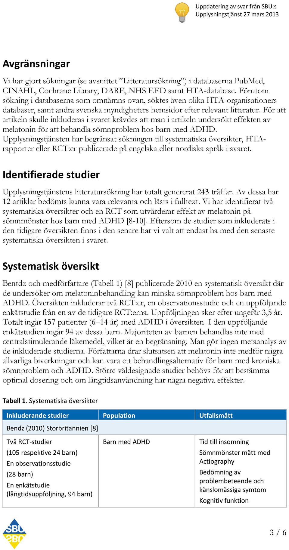 För att artikeln skulle inkluderas i svaret krävdes att man i artikeln undersökt effekten av melatonin för att behandla sömnproblem hos barn med ADHD.