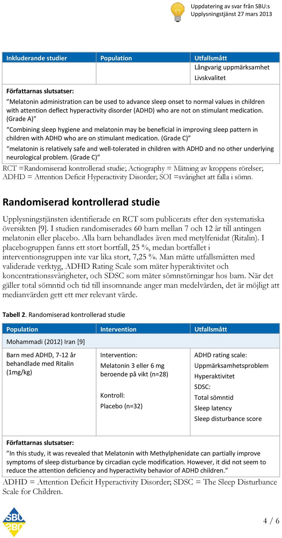 (Grade A) Combining sleep hygiene and melatonin may be beneficial in improving sleep pattern in children with ADHD who are on stimulant medication.