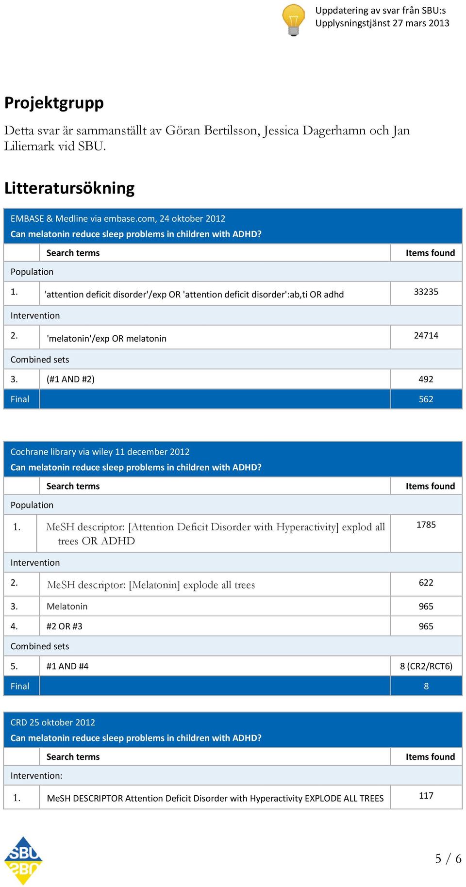 'melatonin'/exp OR melatonin 24714 Combined sets 3. (#1 AND #2) 492 Final 562 Cochrane library via wiley 11 december 2012 Population Search terms 1.