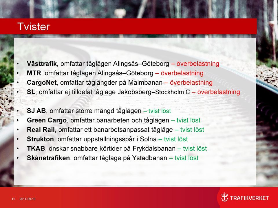 tvist löst Green Cargo, omfattar banarbeten och tåglägen tvist löst Real Rail, omfattar ett banarbetsanpassat tågläge tvist löst Strukton, omfattar