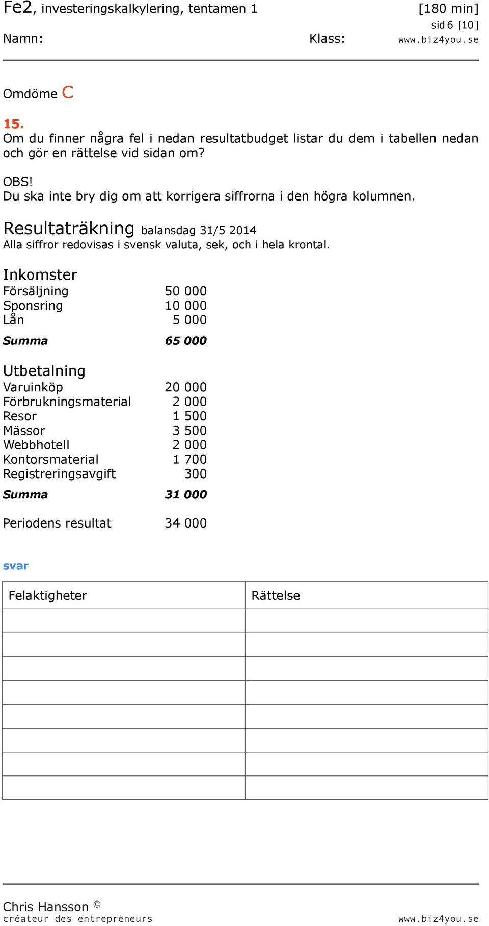 Resultaträkning balansdag 31/5 2014 Alla siffror redovisas i svensk valuta, sek, och i hela krontal.