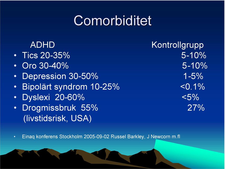 1% Dyslexi 20-60% <5% Drogmissbruk 55% 27% (livstidsrisk,