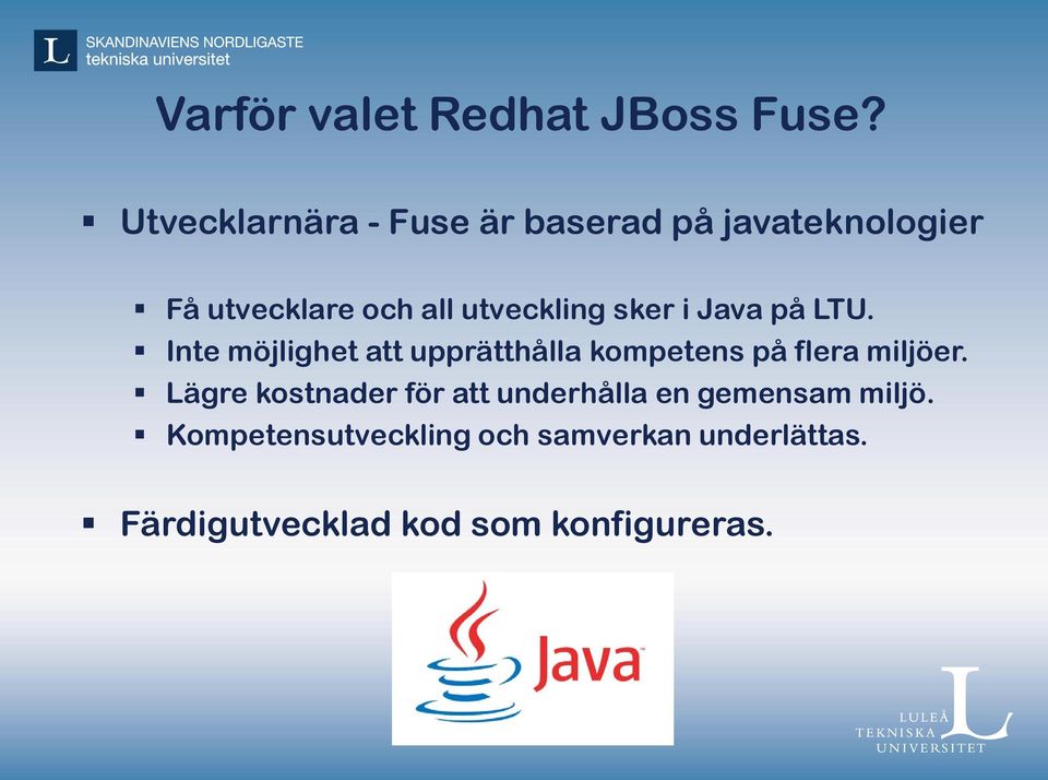 sker i Java på LTU. Inte möjlighet att upprätthålla kompetens på flera miljöer.