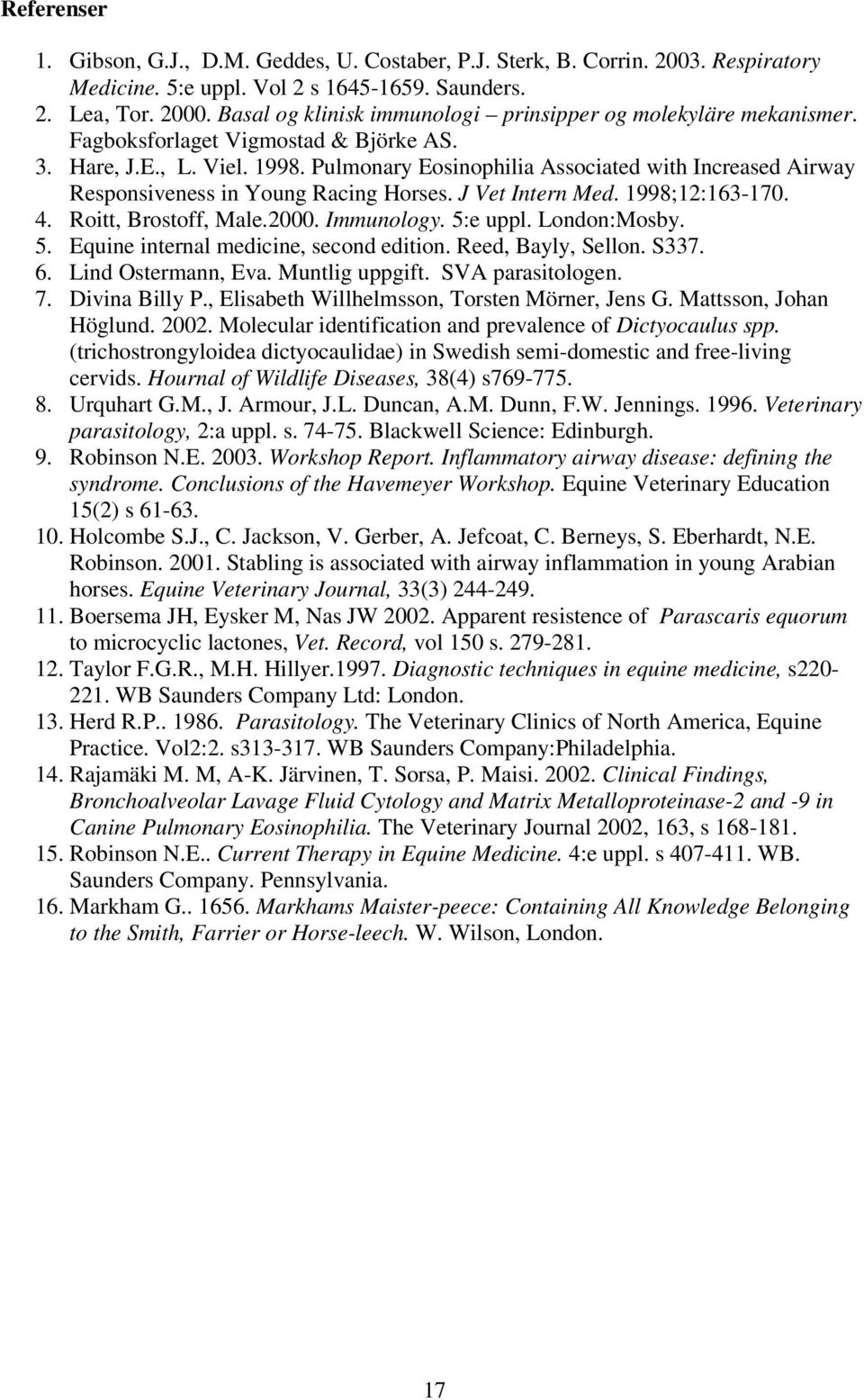 Pulmonary Eosinophilia Associated with Increased Airway Responsiveness in Young Racing Horses. J Vet Intern Med. 1998;12:163-170. 4. Roitt, Brostoff, Male.2000. Immunology. 5: