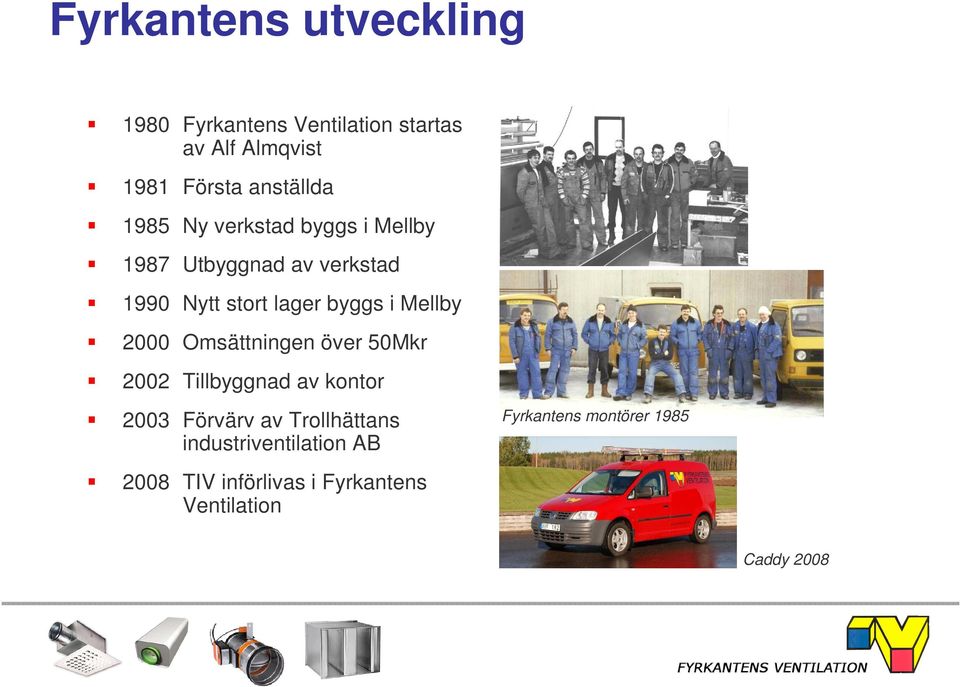 2000 Omsättningen över 50Mkr 2002 Tillbyggnad av kontor 2003 Förvärv av Trollhättans