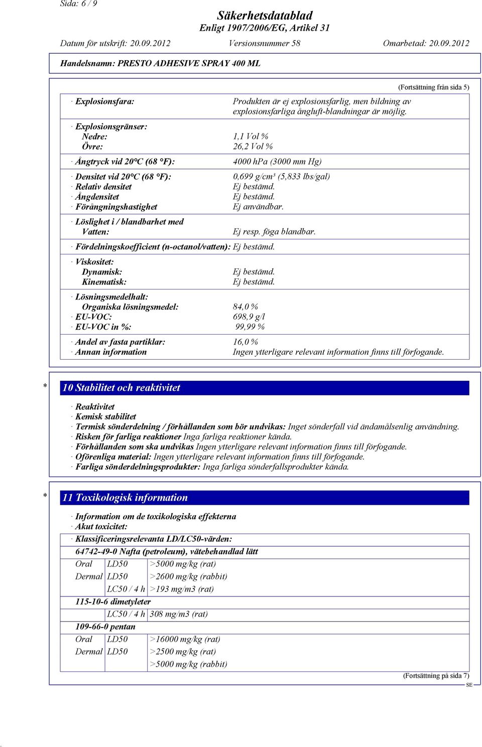 Ångdensitet Ej bestämd. Förångningshastighet Ej användbar. Löslighet i / blandbarhet med Vatten: Ej resp. föga blandbar. Fördelningskoefficient (n-octanol/vatten): Ej bestämd.