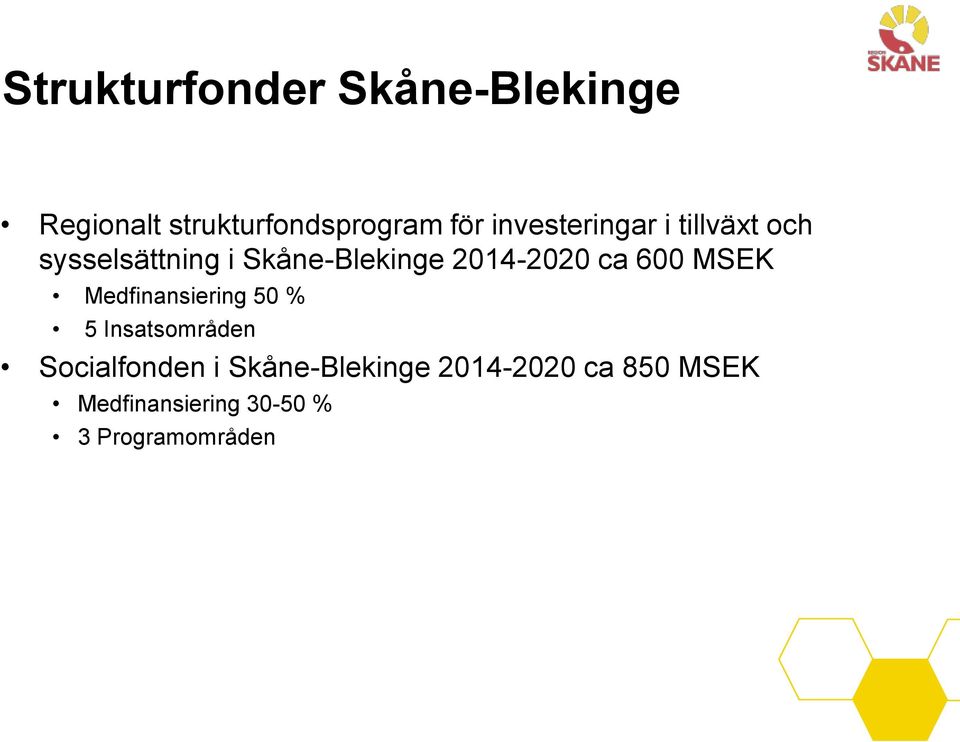 2014-2020 ca 600 MSEK Medfinansiering 50 % 5 Insatsområden