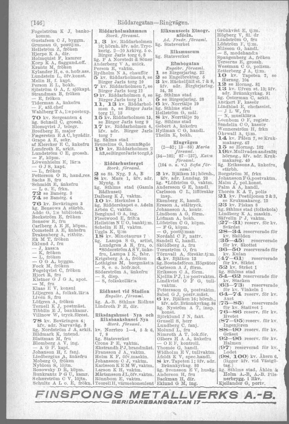 Sergeanten 4 äg. Schnell C, grossh. Blomqvist J, telegr. Bredberg E, major Fregersten E A C, byrädir. Grape A E, sekr. af KlerckerE C, änkefru Lundroth E, arkit. Lundström C E, grossh. - F, köpm.