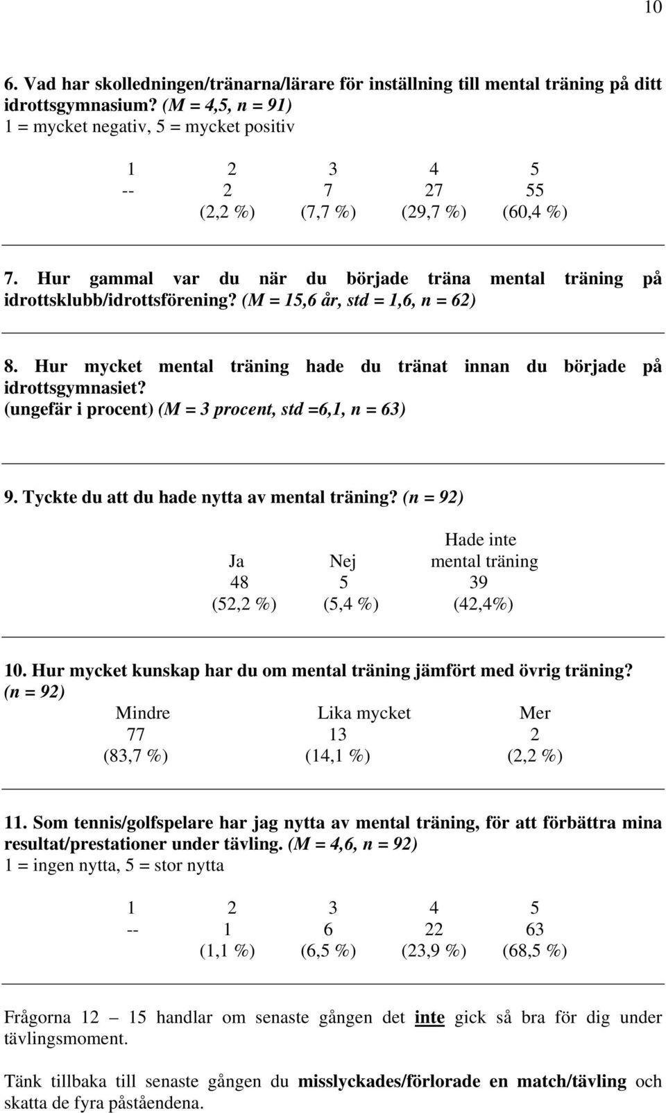 (M = 15,6 år, std = 1,6, n = 62) 8. Hur mycket mental träning hade du tränat innan du började på idrottsgymnasiet? (ungefär i procent) (M = 3 procent, std =6,1, n = 63) 9.