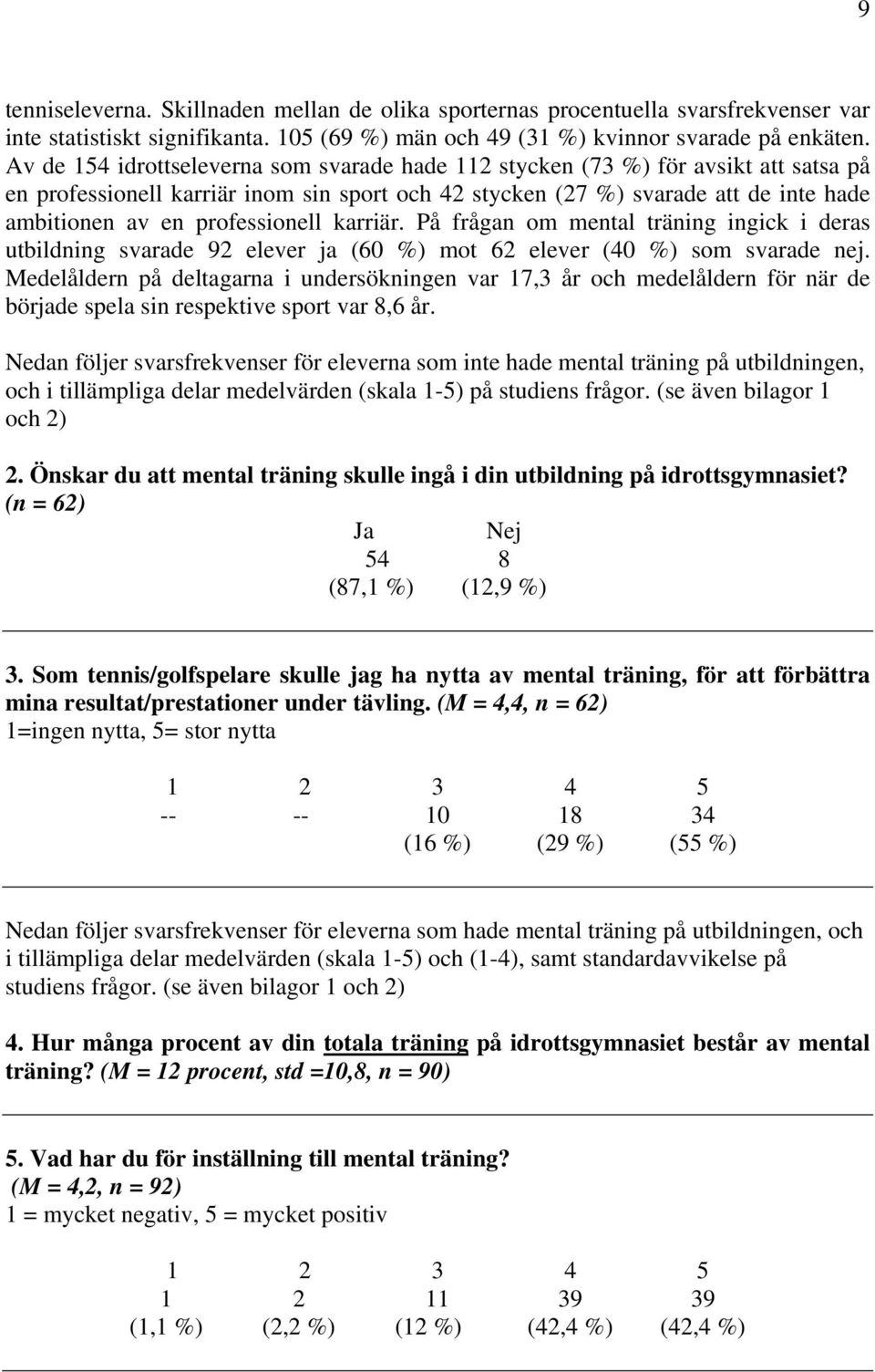 professionell karriär. På frågan om mental träning ingick i deras utbildning svarade 92 elever ja (60 %) mot 62 elever (40 %) som svarade nej.