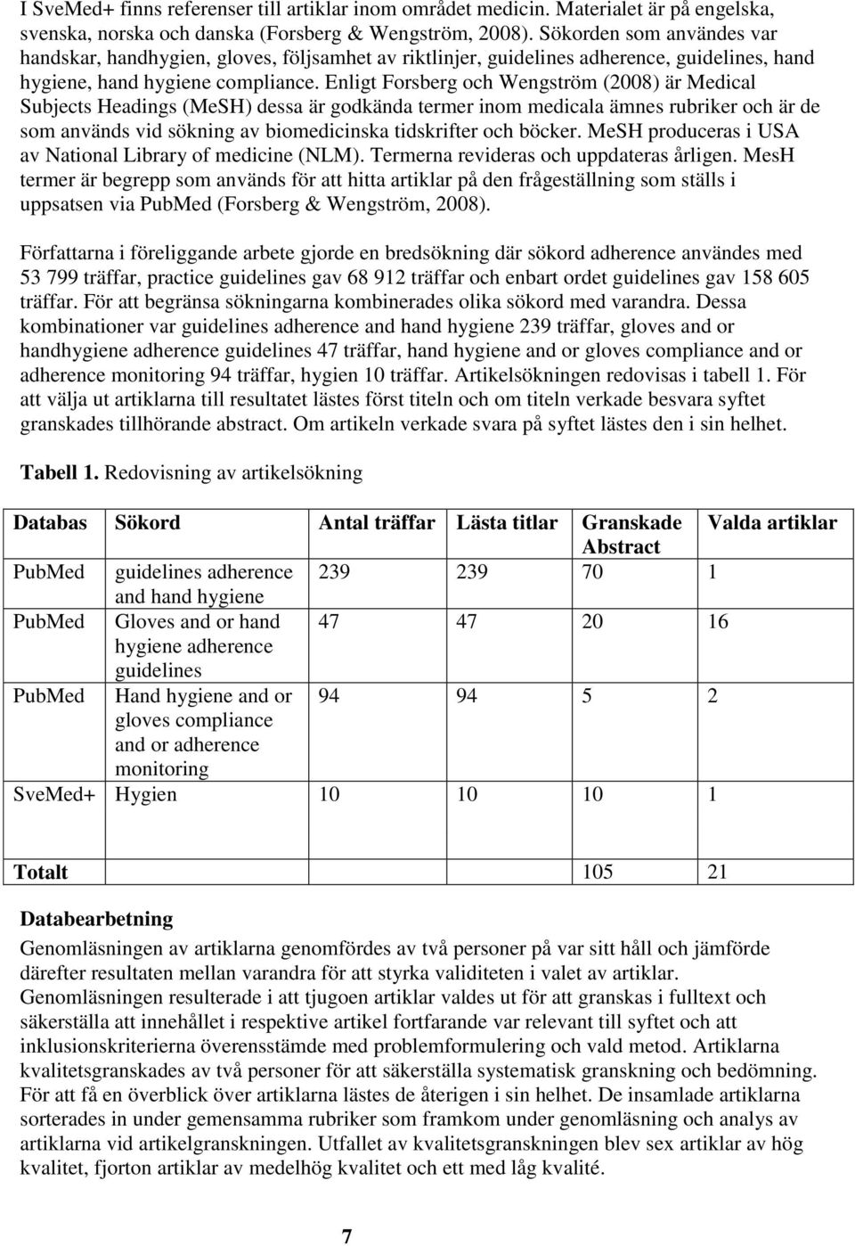 Enligt Forsberg och Wengström (2008) är Medical Subjects Headings (MeSH) dessa är godkända termer inom medicala ämnes rubriker och är de som används vid sökning av biomedicinska tidskrifter och