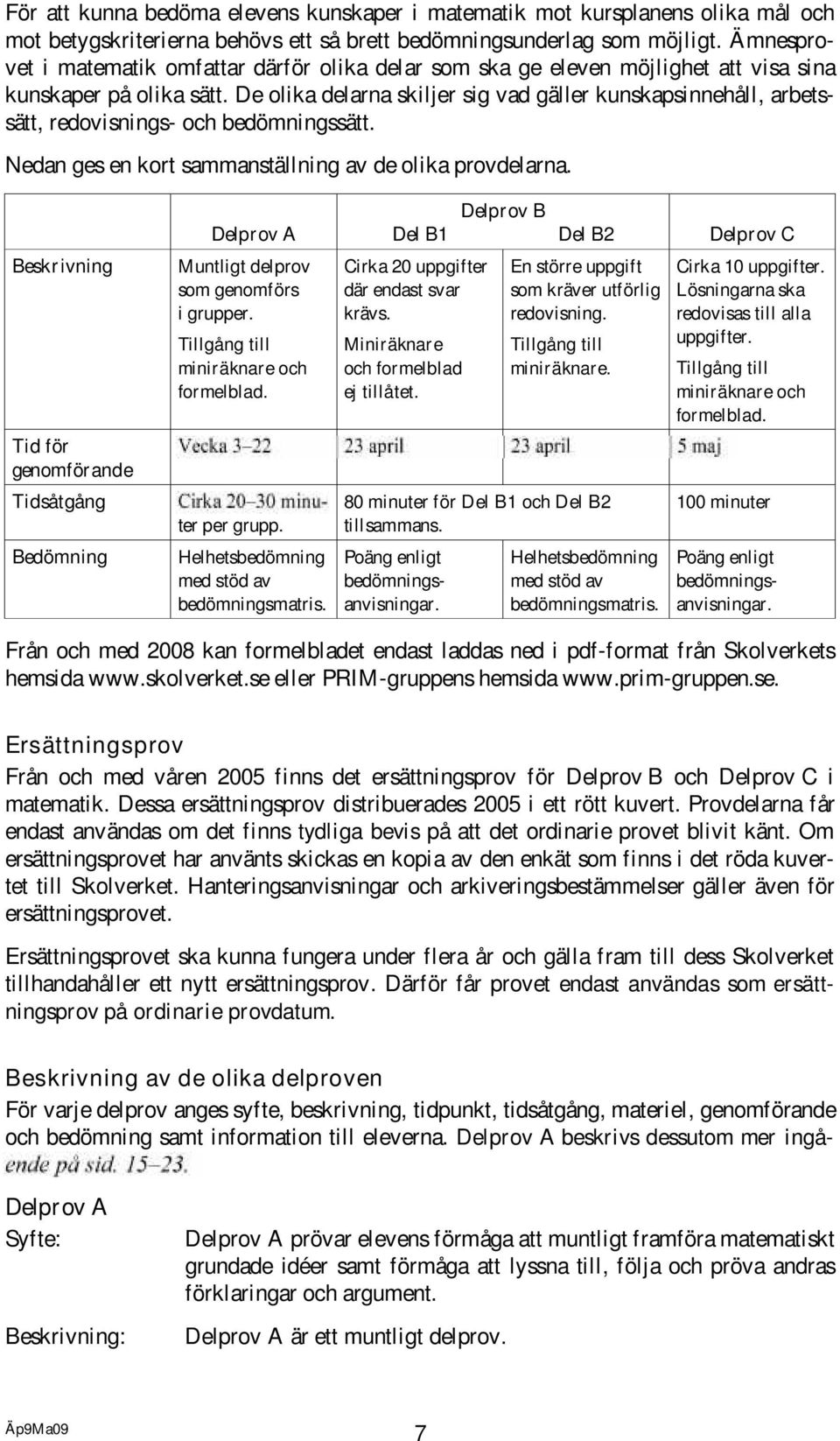 De olika delarna skiljer sig vad gäller kunskapsinnehåll, arbetssätt, redovisnings- och bedömningssätt. Nedan ges en kort sammanställning av de olika provdelarna.