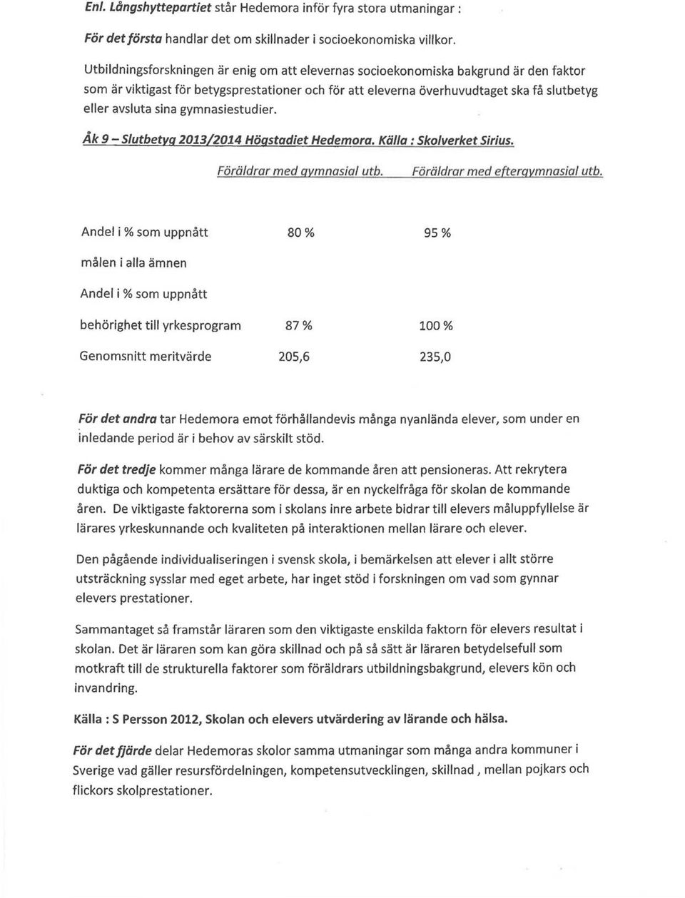 gymnasiestudier. Åk 9 - Slutbetyg 2013/2014 Högstadiet Hedemora. Källa: Sko/verket Sirius.