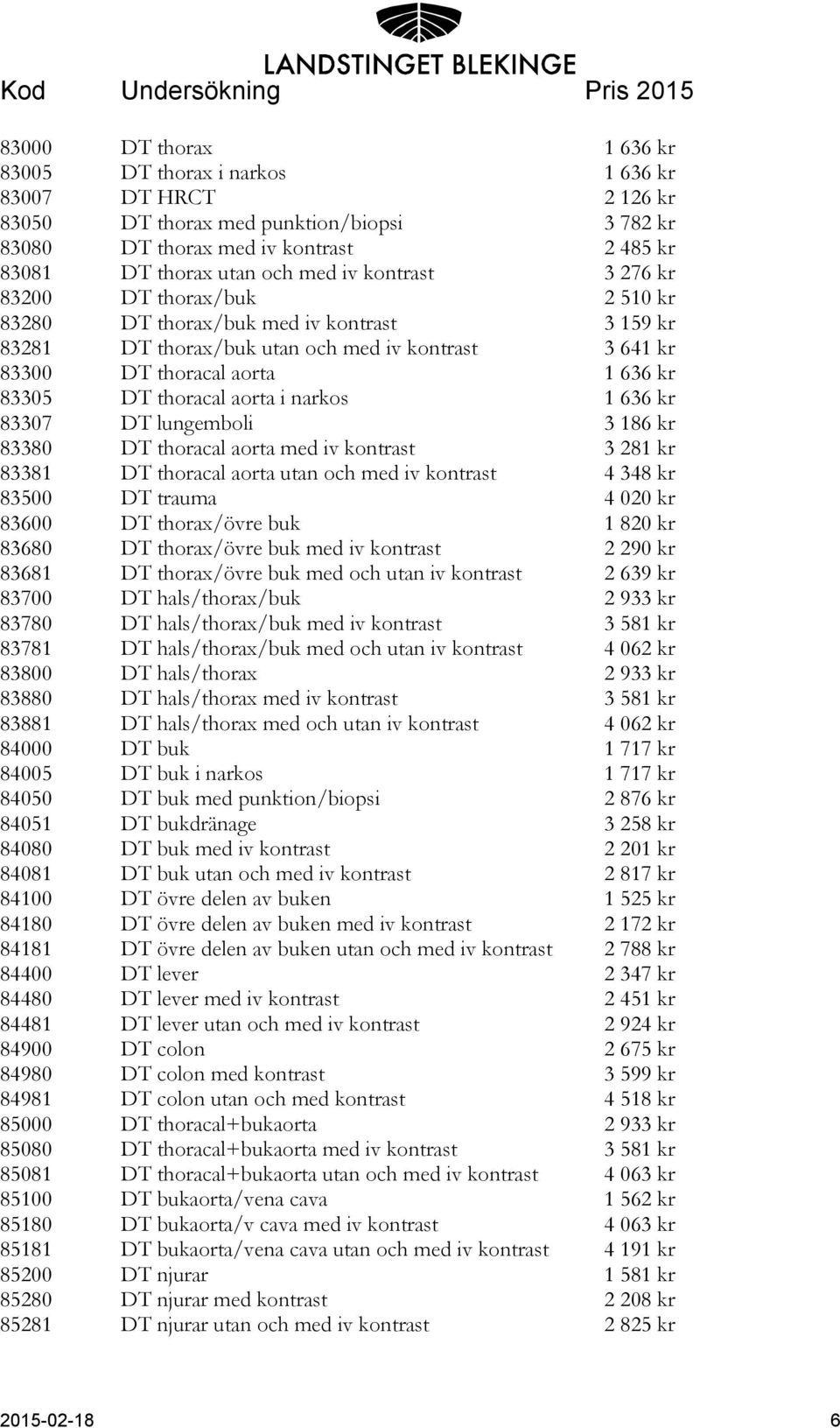 aorta i narkos 1 636 kr 83307 DT lungemboli 3 186 kr 83380 DT thoracal aorta med iv kontrast 3 281 kr 83381 DT thoracal aorta utan och med iv kontrast 4 348 kr 83500 DT trauma 4 020 kr 83600 DT