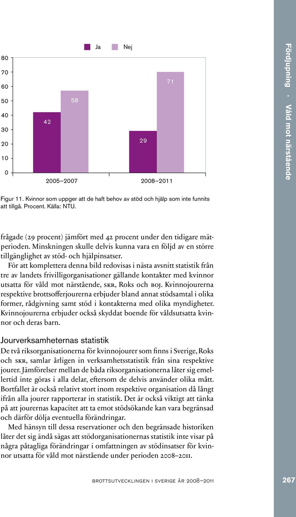 För att komplettera denna bild redovisas i nästa avsnitt statistik från tre av landets frivilligorganisationer gällande kontakter med kvinnor utsatta för våld mot närstående, skr, Roks och boj.