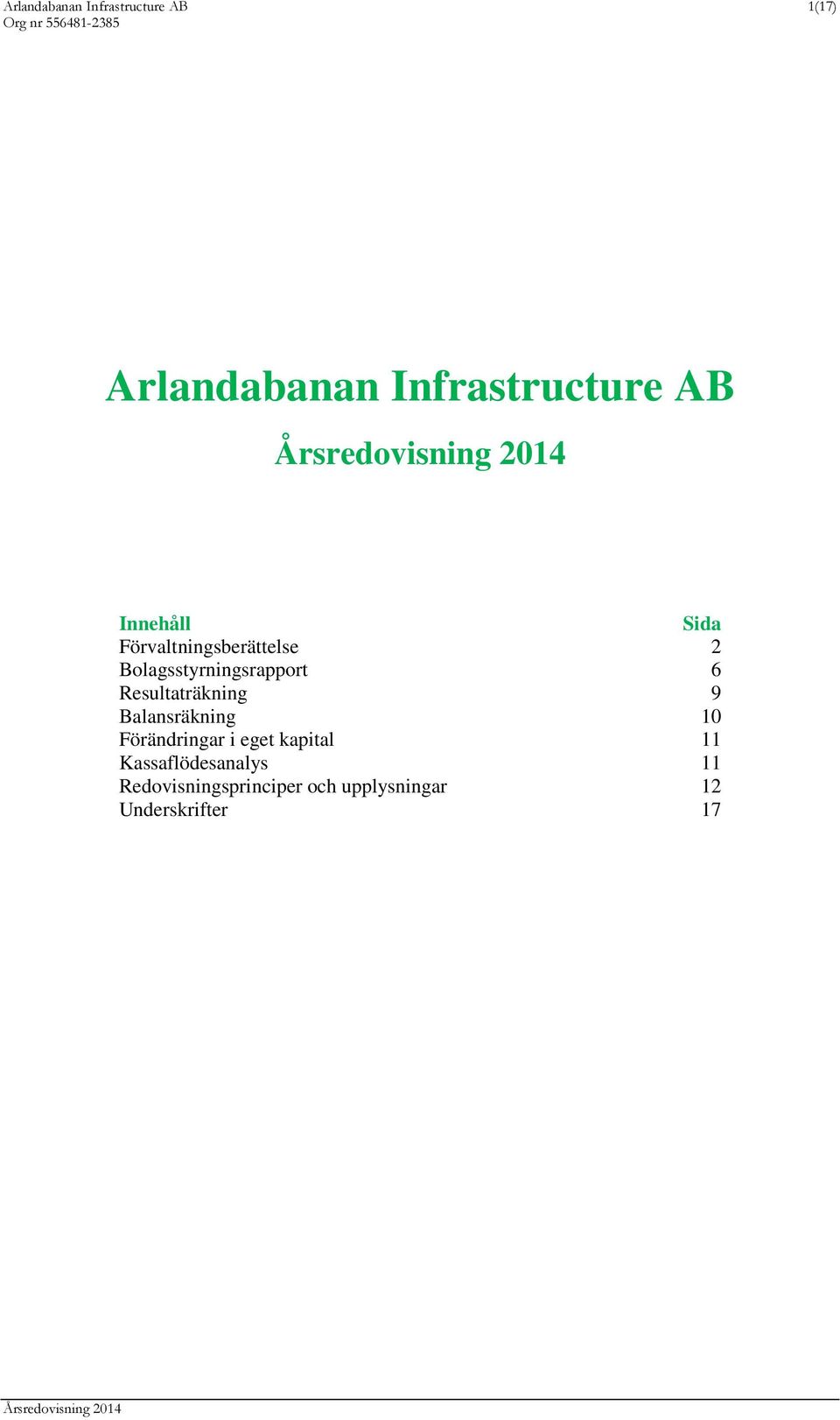 Resultaträkning 9 Balansräkning 10 Förändringar i eget kapital 11