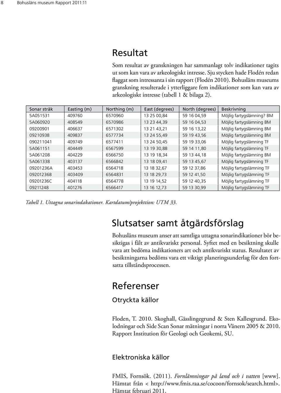 Bohusläns museums granskning resulterade i ytterliggare fem indikationer som kan vara av arkeologiskt intresse (tabell 1 & bilaga 2).