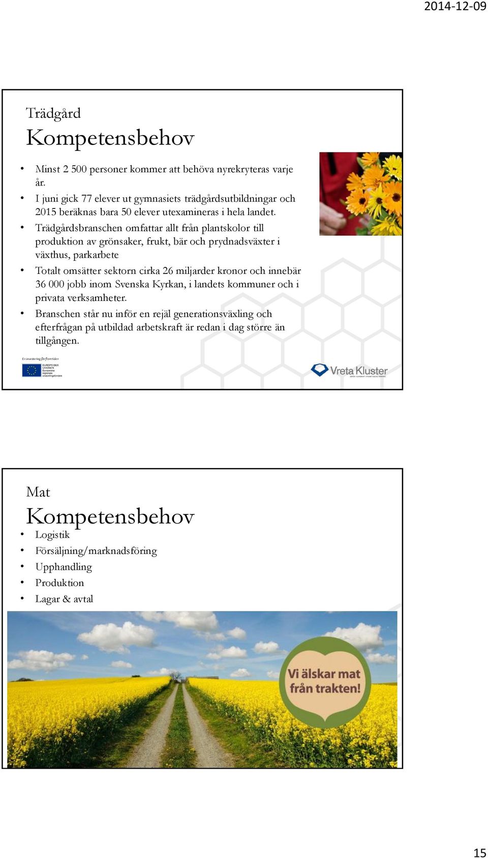 Trädgårdsbranschen omfattar allt från plantskolor till produktion av grönsaker, frukt, bär och prydnadsväxter i växthus, parkarbete Totalt omsätter sektorn cirka 26 miljarder