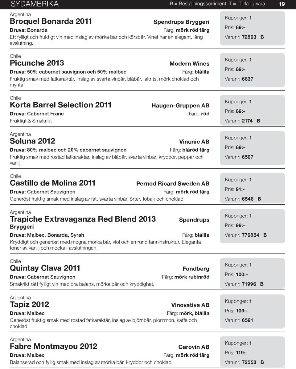 choklad och mynta Pris: 89:- Varunr: 6637 Chile Korta Barrel Selection 2011 Druva: Cabernet Franc Fruktigt & Smakrikt Haugen-Gruppen AB Färg: röd Pris: 89:- Varunr: 2174 B Argentina Soluna 2012