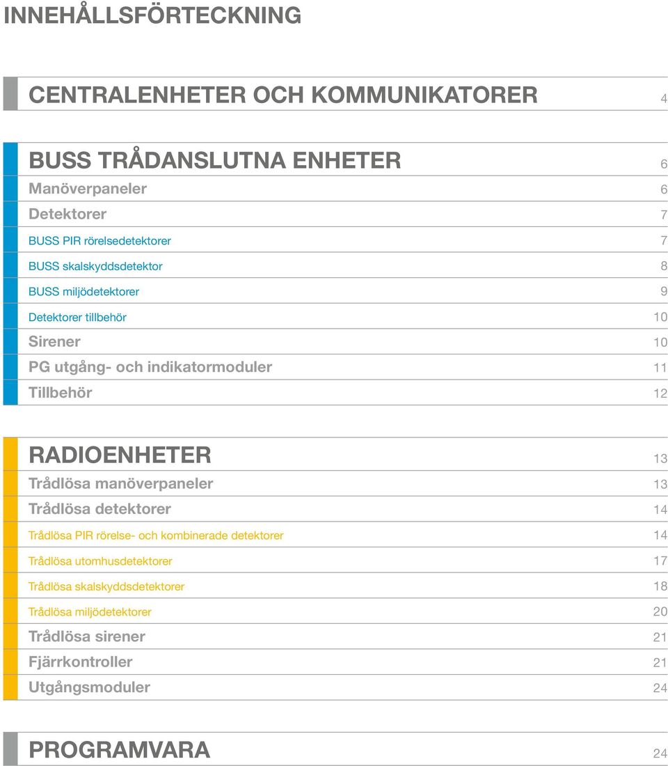 Tillbehör 12 RADIOENHETER 13 Trådlösa manöverpaneler 13 Trådlösa detektorer 14 Trådlösa PIR rörelse- och kombinerade detektorer 14