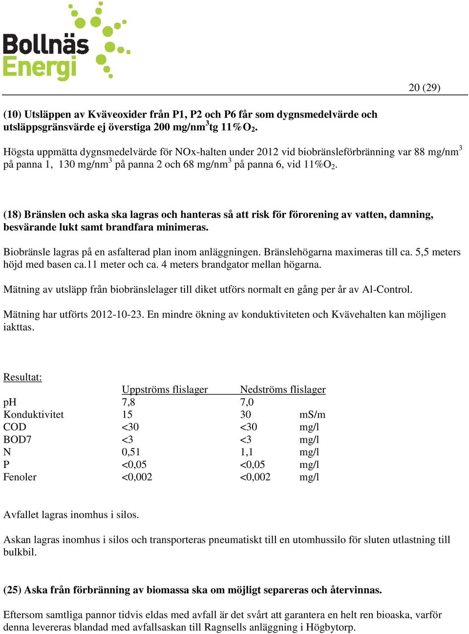 (18) Bränslen och aska ska lagras och hanteras så att risk för förorening av vatten, damning, besvärande lukt samt brandfara minimeras. Biobränsle lagras på en asfalterad plan inom anläggningen.