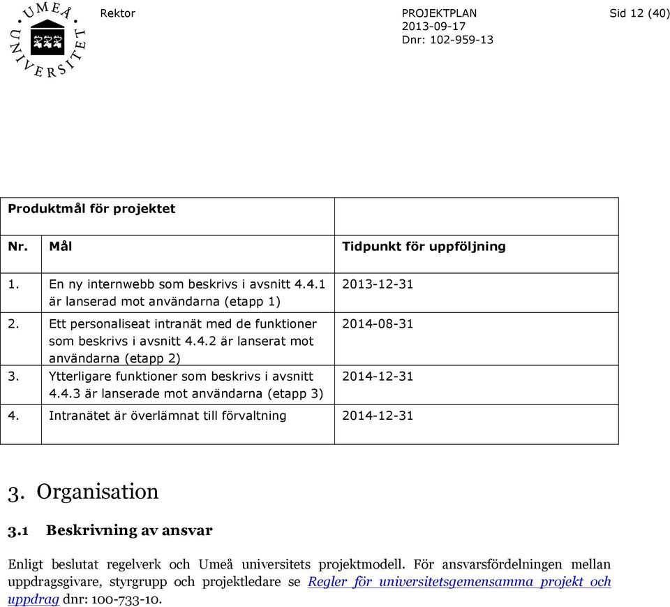 Intranätet är överlämnat till förvaltning 2014-12-31 3. Organisation 3.1 Beskrivning av ansvar Enligt beslutat regelverk och Umeå universitets projektmodell.