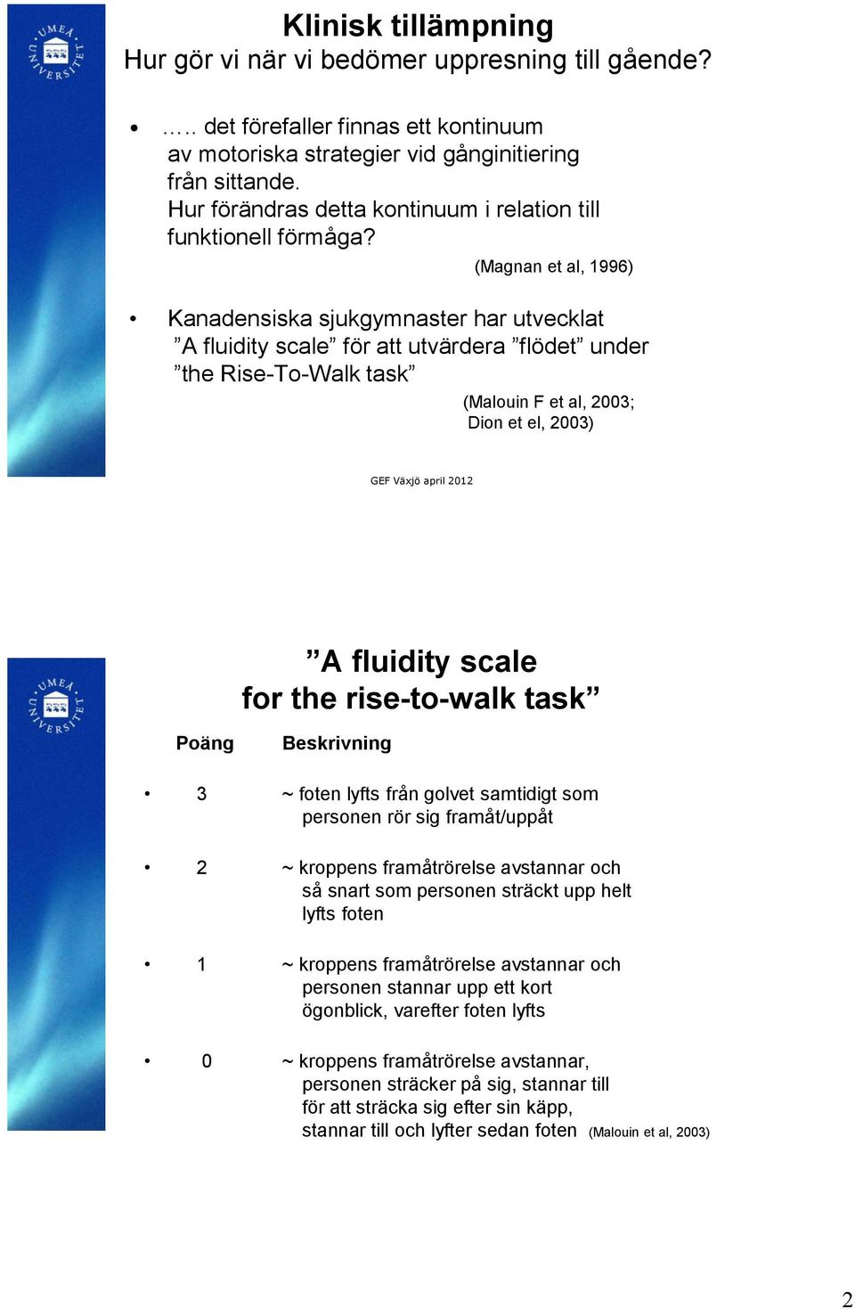 (Magnan et al, 1996) Kanadensiska sjukgymnaster har utvecklat A fluidity scale för att utvärdera flödet under the Rise-To-Walk task (Malouin F et al, 2003; Dion et el, 2003) A fluidity scale for the