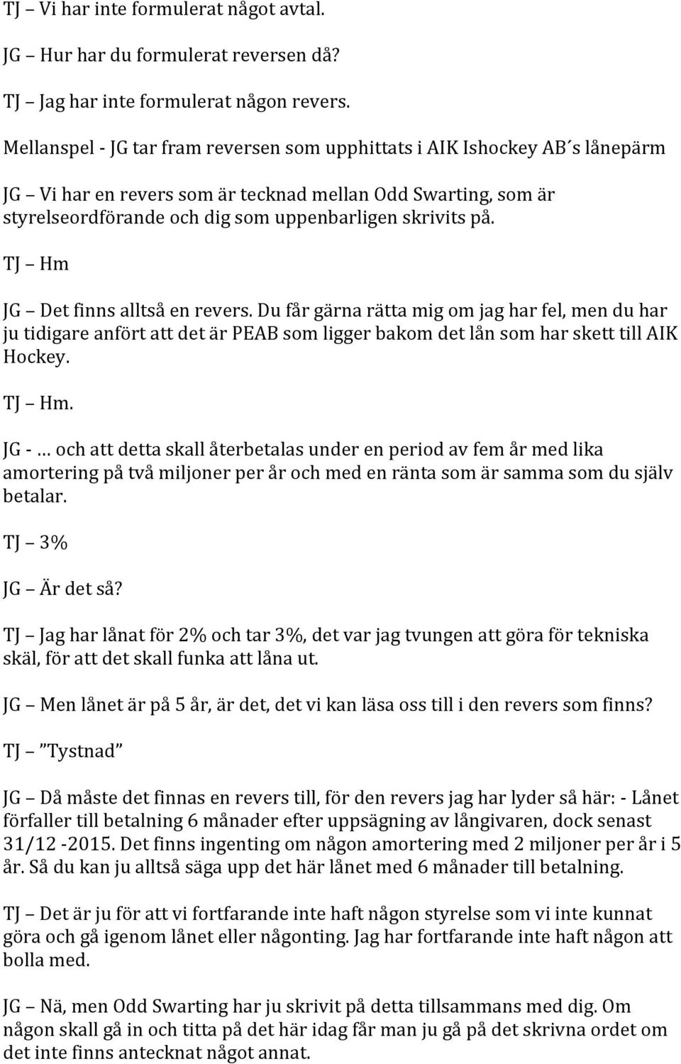 JG Det finns alltså en revers. Du får gärna rätta mig om jag har fel, men du har ju tidigare anfört att det är PEAB som ligger bakom det lån som har skett till AIK Hockey.