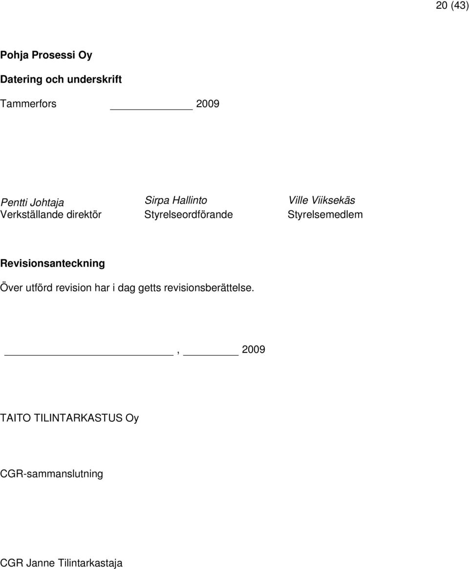 Styrelsemedlem Revisionsanteckning Över utförd revision har i dag getts