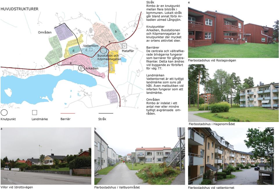 b Områden e d Vattentorn c e Mataffär Busstation och Köpmannagatan a Arkadien Barriärer De centrala och vältrafikerade bilvägarna fungerar som barriärer för gångtrafikanter.