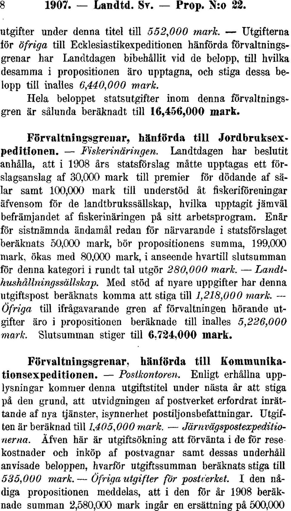 inalles 6,440,000 mark. Hela beloppet statsutgifter inom denna förvaltningsgren är sålunda beräknadt till 16,456,000 mark. Förvaltningsgrenar, hänförda till Jordbruksexpeditionen. Fiskerinäringen.