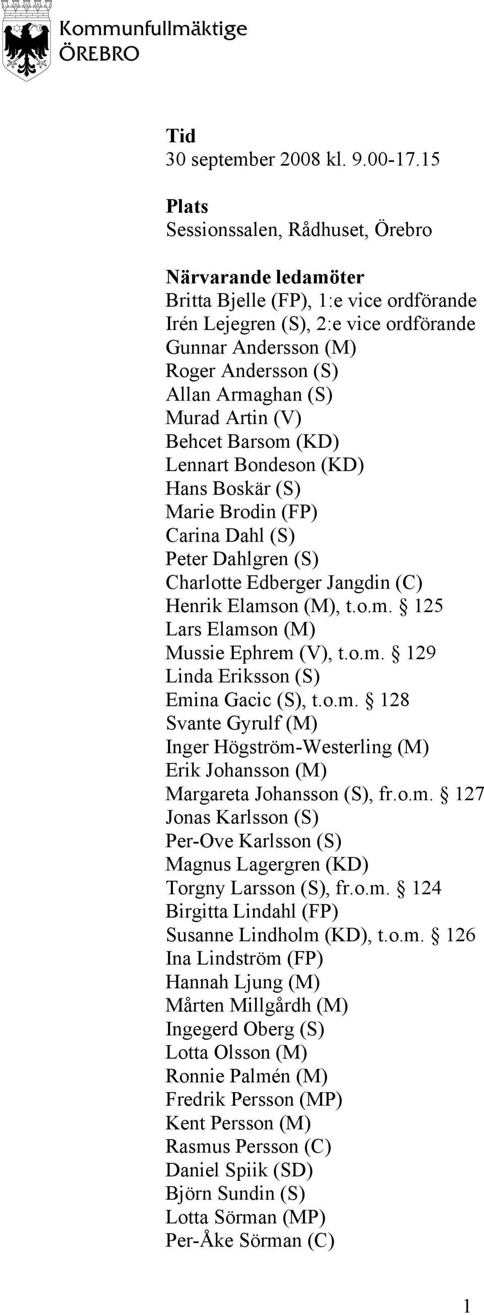 (S) Murad Artin (V) Behcet Barsom (KD) Lennart Bondeson (KD) Hans Boskär (S) Marie Brodin (FP) Carina Dahl (S) Peter Dahlgren (S) Charlotte Edberger Jangdin (C) Henrik Elamson (M), t.o.m. 125 Lars Elamson (M) Mussie Ephrem (V), t.