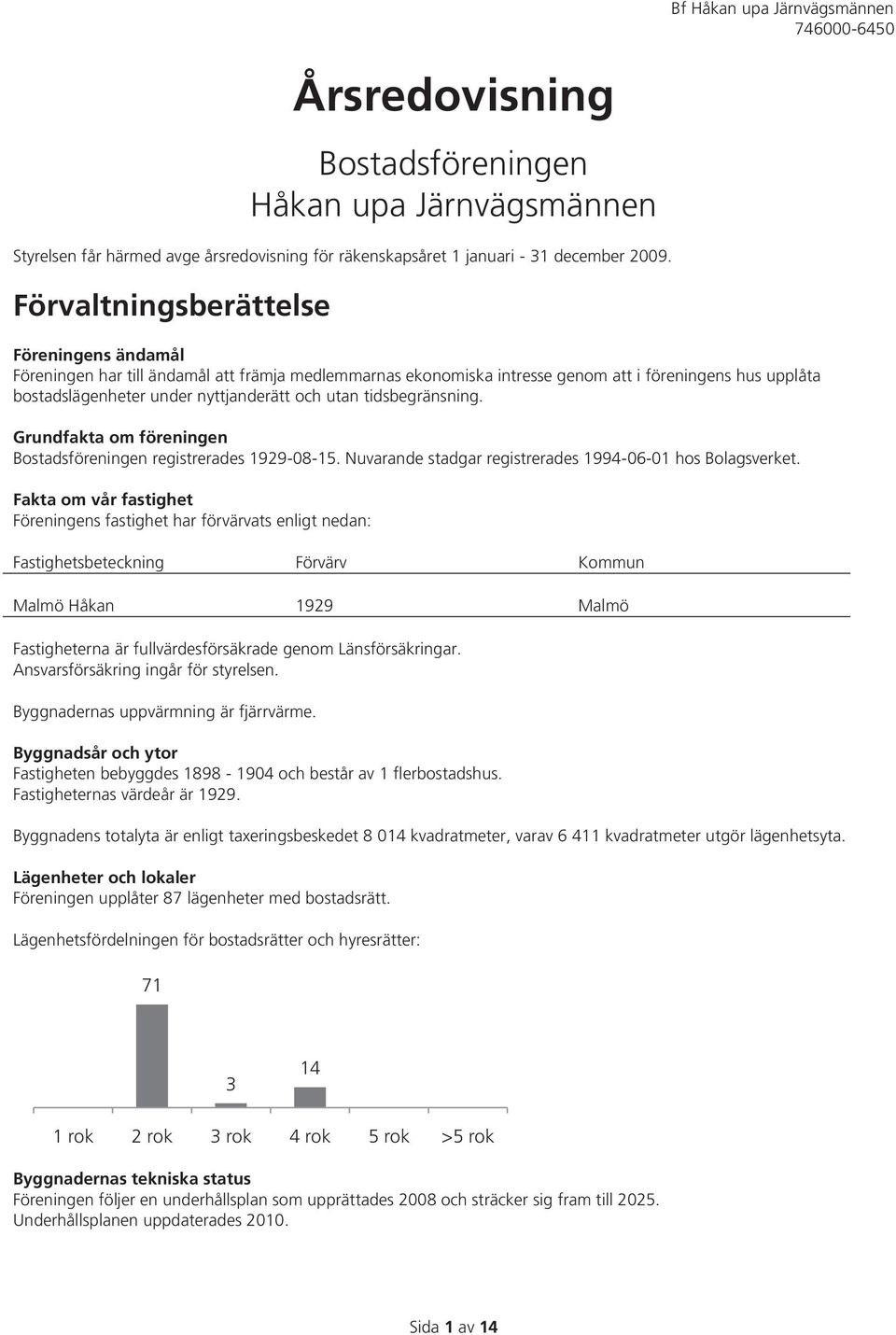 tidsbegränsning. Grundfakta om föreningen Bostadsföreningen registrerades 1929-08-15. Nuvarande stadgar registrerades 1994-06-01 hos Bolagsverket.