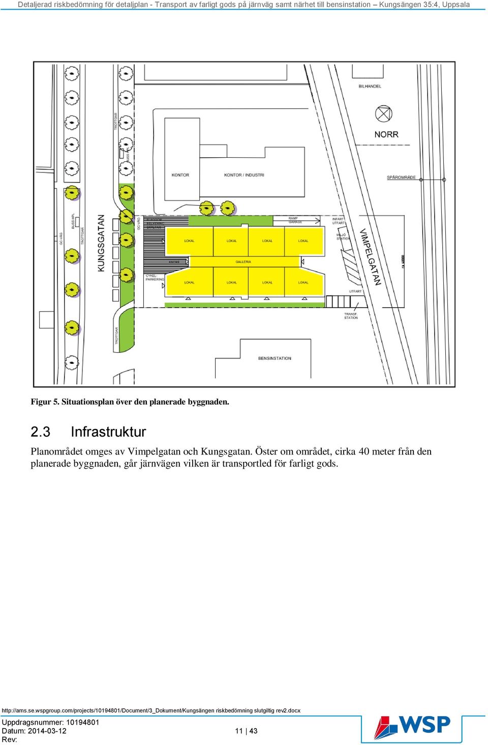 Öster om området, cirka 40 meter från den planerade byggnaden,