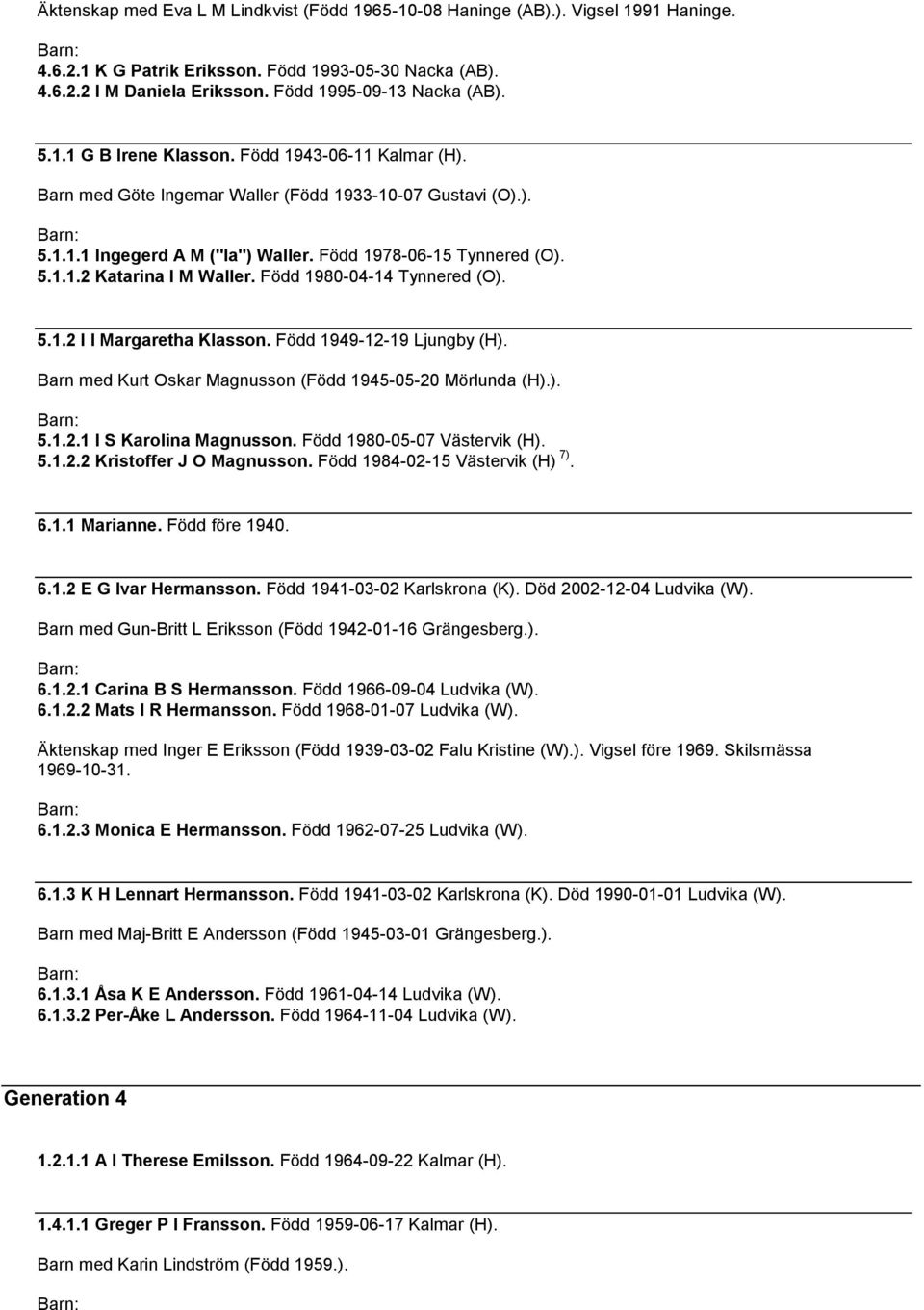 Född 1980-04-14 Tynnered (O). 5.1.2 I I Margaretha Klasson. Född 1949-12-19 Ljungby (H). Barn med Kurt Oskar Magnusson (Född 1945-05-20 Mörlunda (H).). 5.1.2.1 I S Karolina Magnusson.