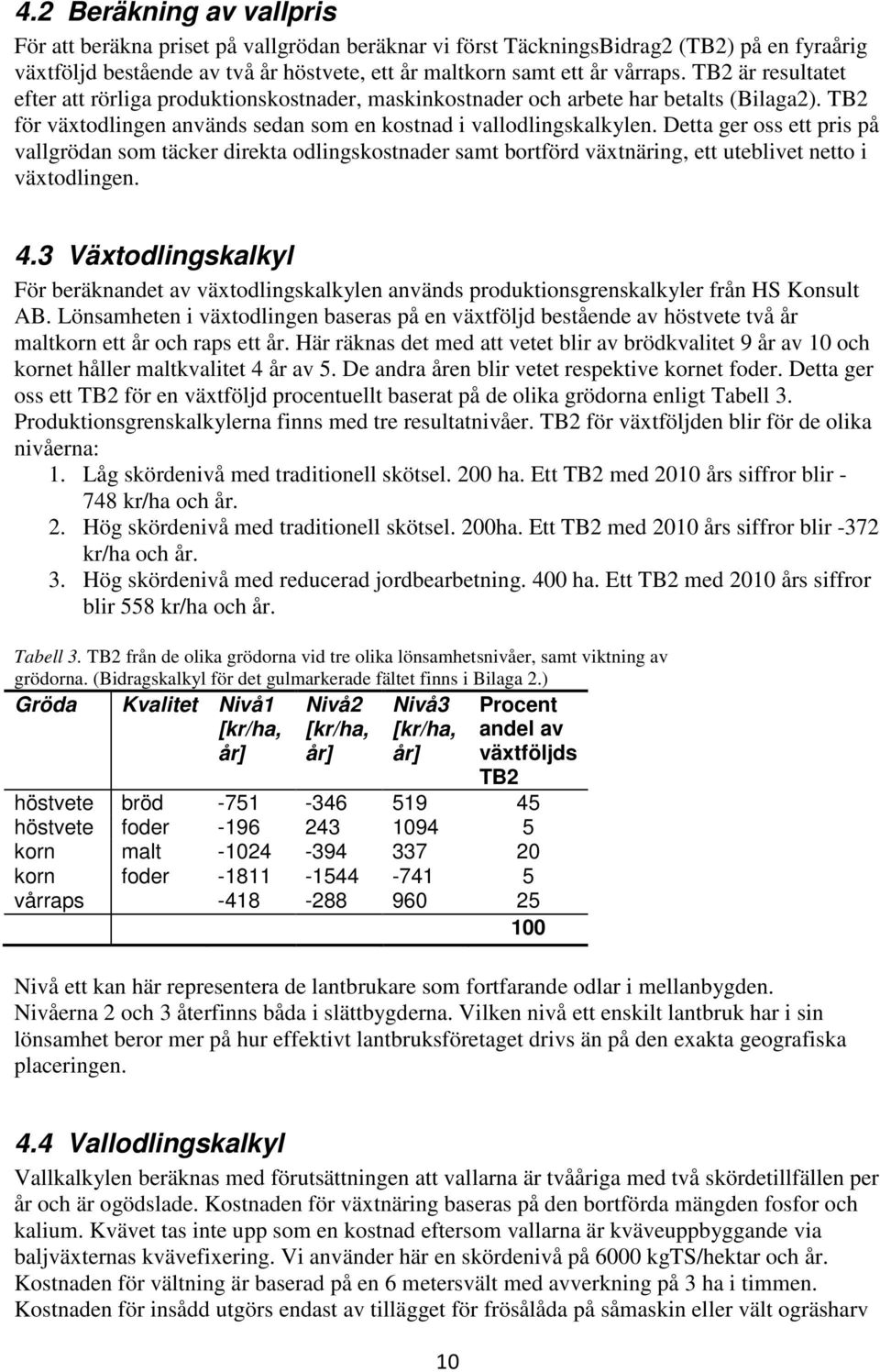 Detta ger oss ett pris på vallgrödan som täcker direkta odlingskostnader samt bortförd växtnäring, ett uteblivet netto i växtodlingen. 4.