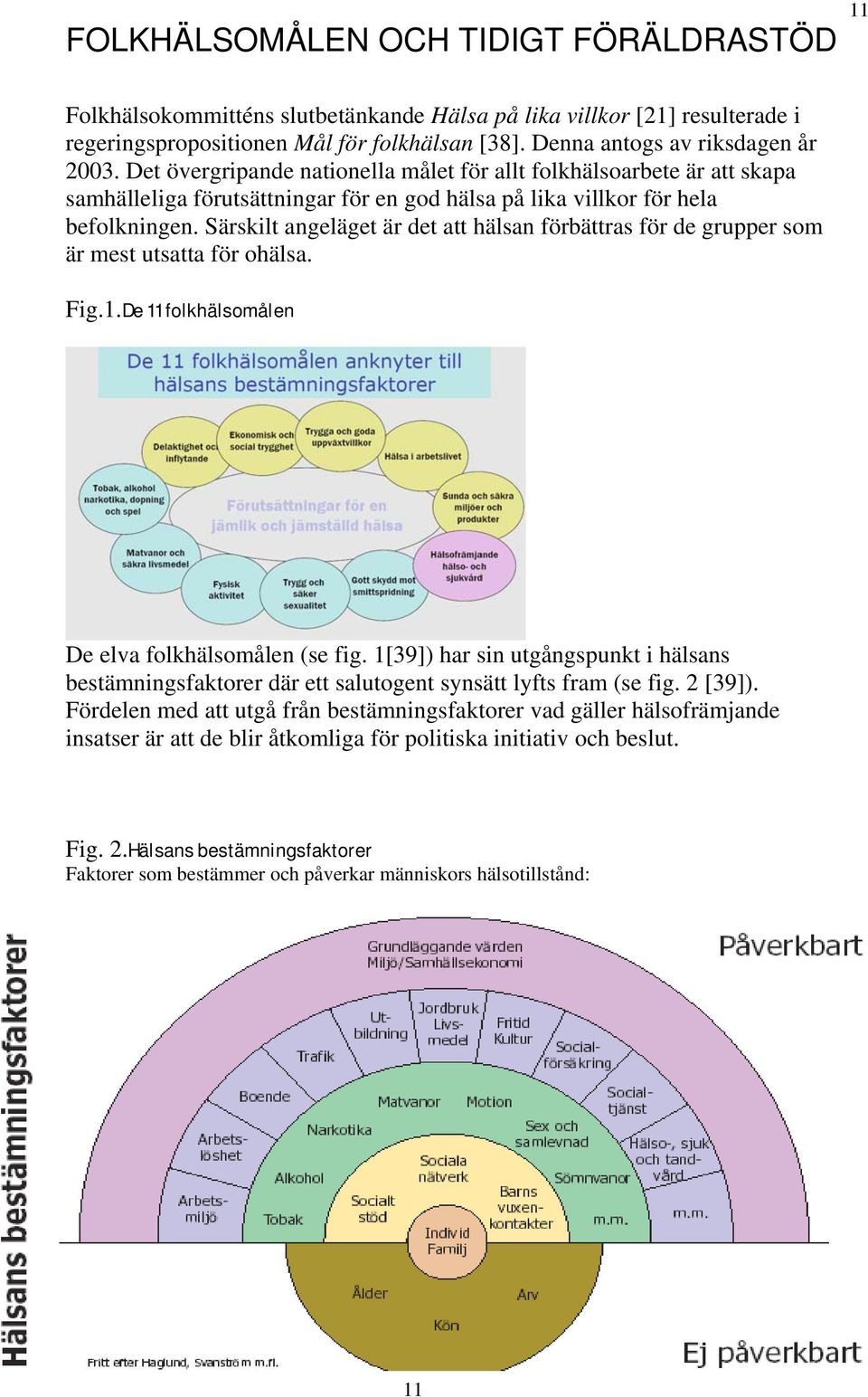 Särskilt angeläget är det att hälsan förbättras för de grupper som är mest utsatta för ohälsa. Fig.1.De 11 folkhälsomålen De elva folkhälsomålen (se fig.