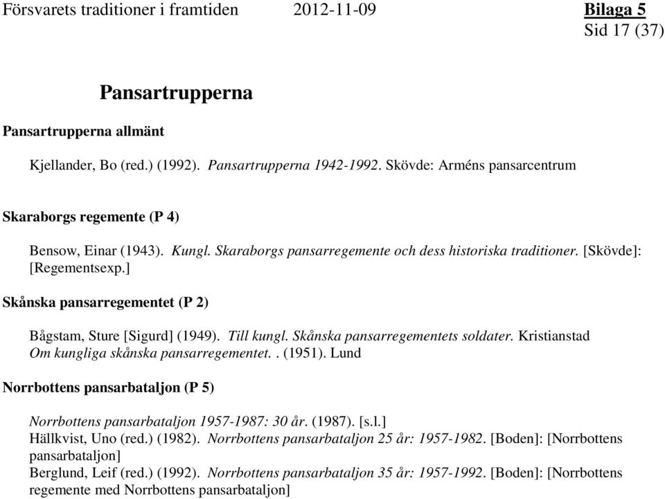 Kristianstad Om kungliga skånska pansarregementet.. (1951). Lund Norrbottens pansarbataljon (P 5) Norrbottens pansarbataljon 1957-1987: 30 år. (1987). [s.l.] Hällkvist, Uno (red.) (1982).