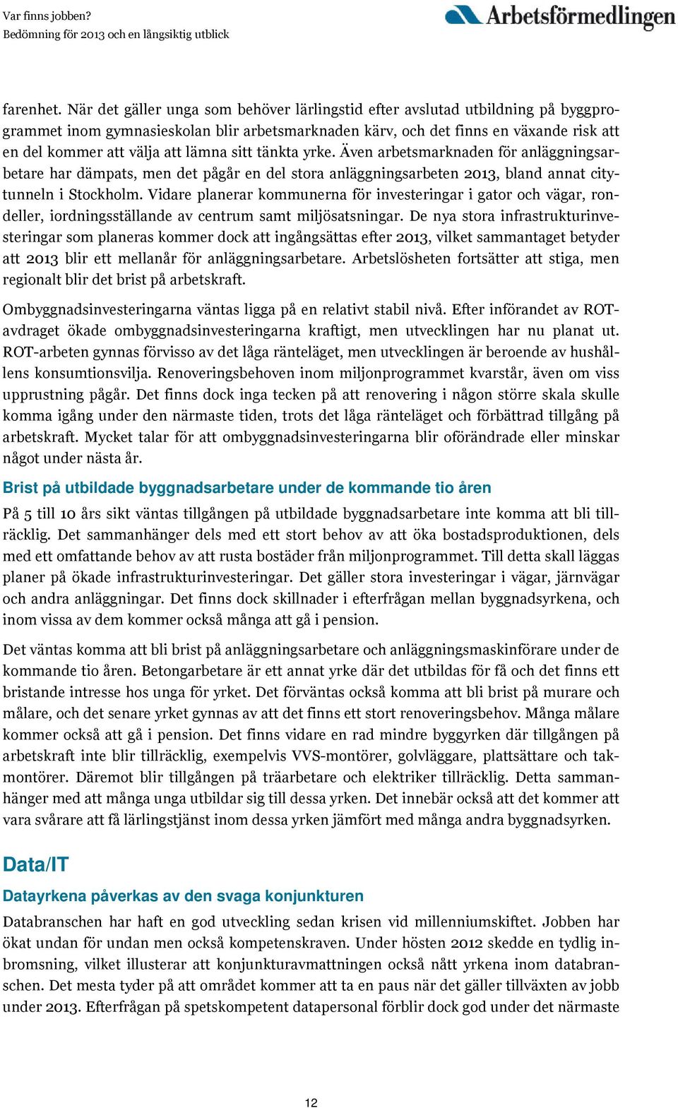 lämna sitt tänkta yrke. Även arbetsmarknaden för anläggningsarbetare har dämpats, men det pågår en del stora anläggningsarbeten 2013, bland annat citytunneln i Stockholm.