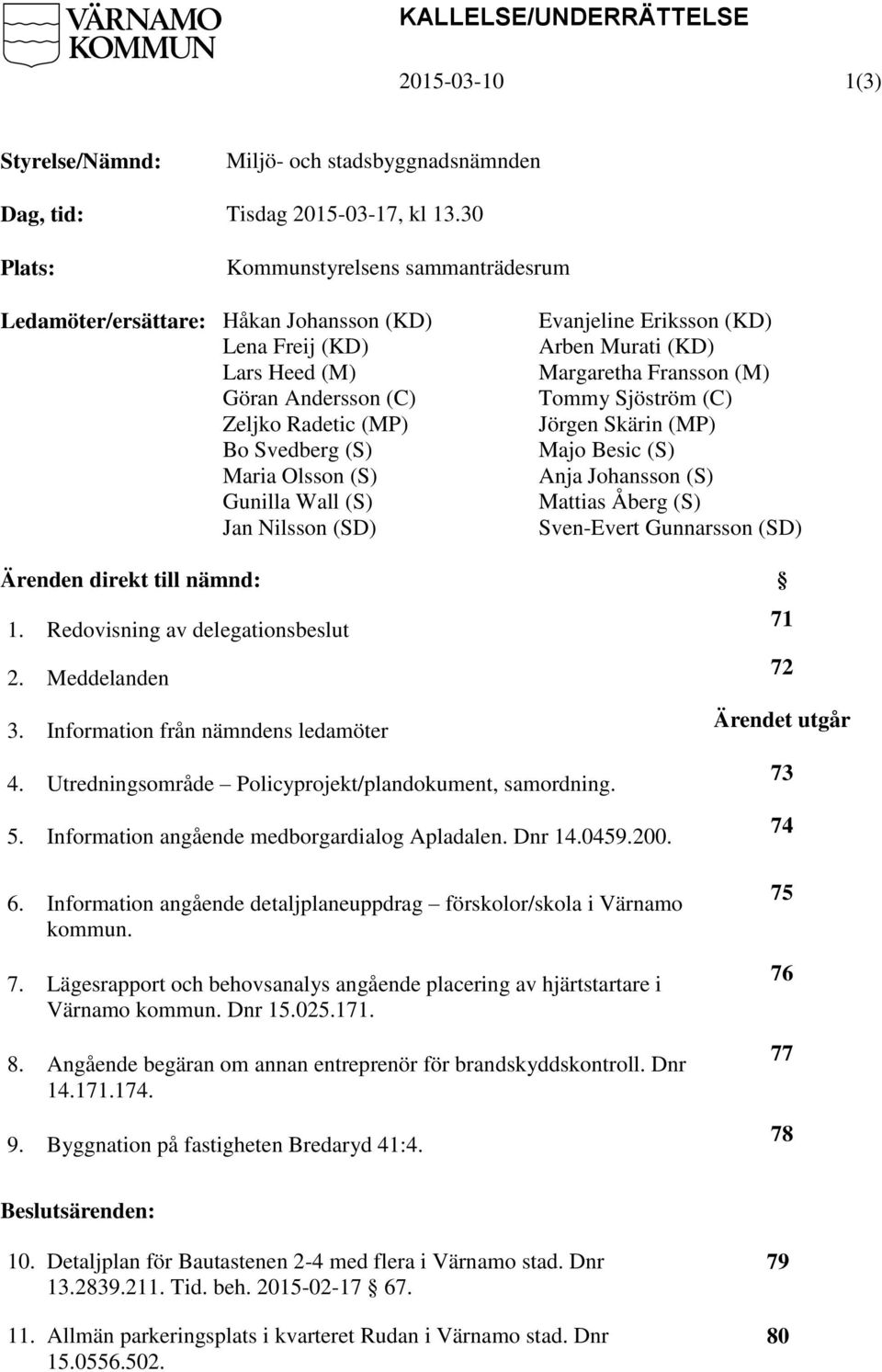 Wall (S) Jan Nilsson (SD) Evanjeline Eriksson (KD) Arben Murati (KD) Margaretha Fransson (M) Tommy Sjöström (C) Jörgen Skärin (MP) Majo Besic (S) Anja Johansson (S) Mattias Åberg (S) Sven-Evert