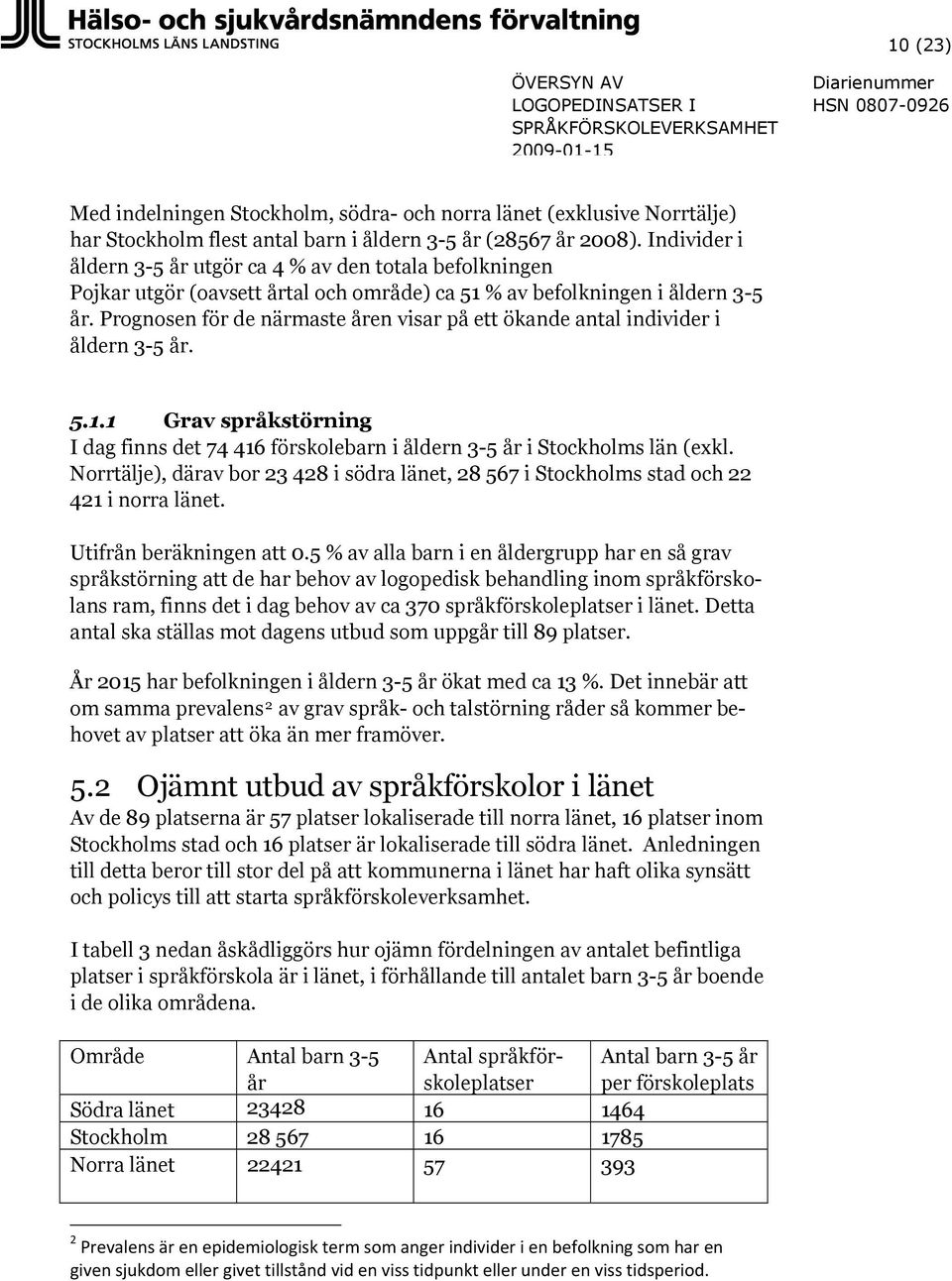 Prognosen för de närmaste åren visar på ett ökande antal individer i åldern 3-5 år. 5.1.1 Grav språkstörning I dag finns det 74 416 förskolebarn i åldern 3-5 år i Stockholms län (exkl.