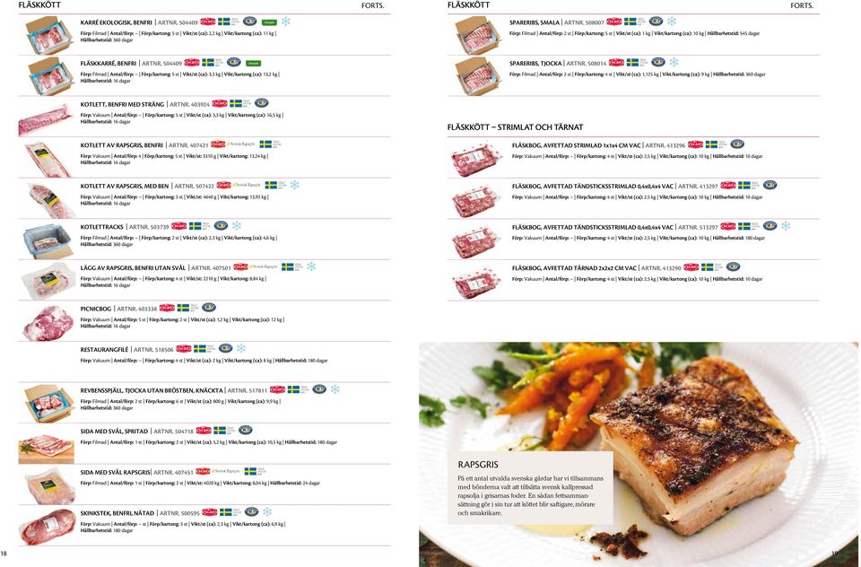 504409 Förp: Filmad Antal/förp: Förp/kartong: 5 st Vikt/st (ca): 3,3 kg Vikt/kartong (ca): 13,2 kg Hållbarhetstid: 16 dagar Spareribs, TJOCKA ARTNR.