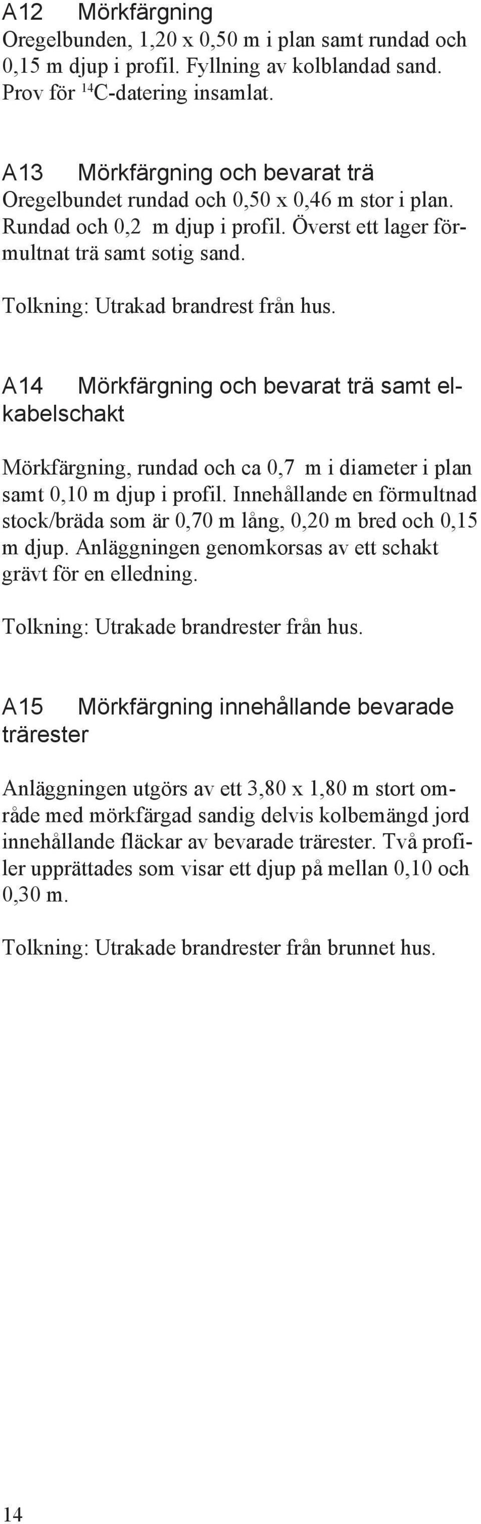 A4 Mörkfärgning och bevarat trä samt elkabelschakt Mörkfärgning, rundad och ca 0,7 m i diameter i plan samt 0,0 m djup i profil.