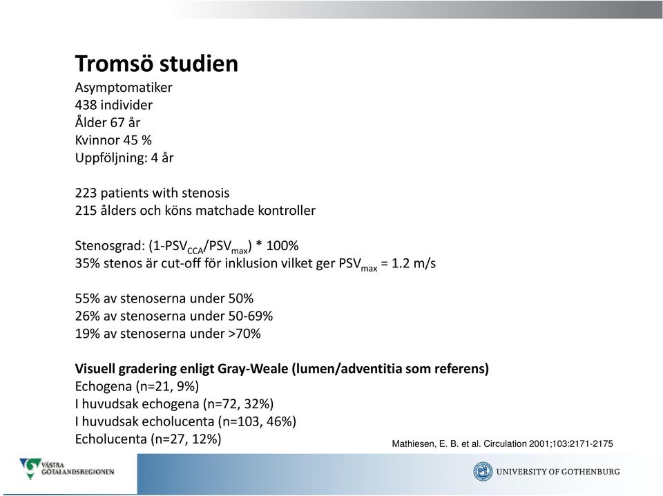 2 m/s 55% av stenoserna under 50% 26% av stenoserna under 50 69% 19% av stenoserna under >70% Visuell gradering enligt Gray Weale (lumen/adventitia som referens)