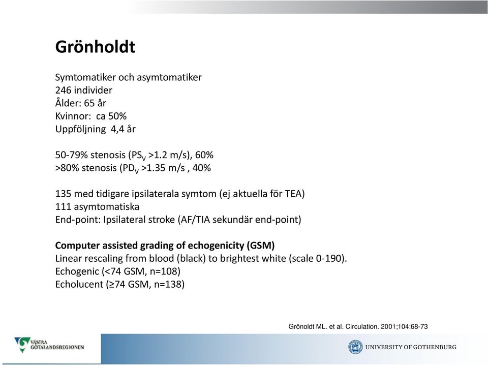 35 m/s, 40% 135 med tidigare ipsilaterala symtom (ej aktuella för TEA) 111 asymtomatiska End point: Ipsilateral stroke (AF/TIA