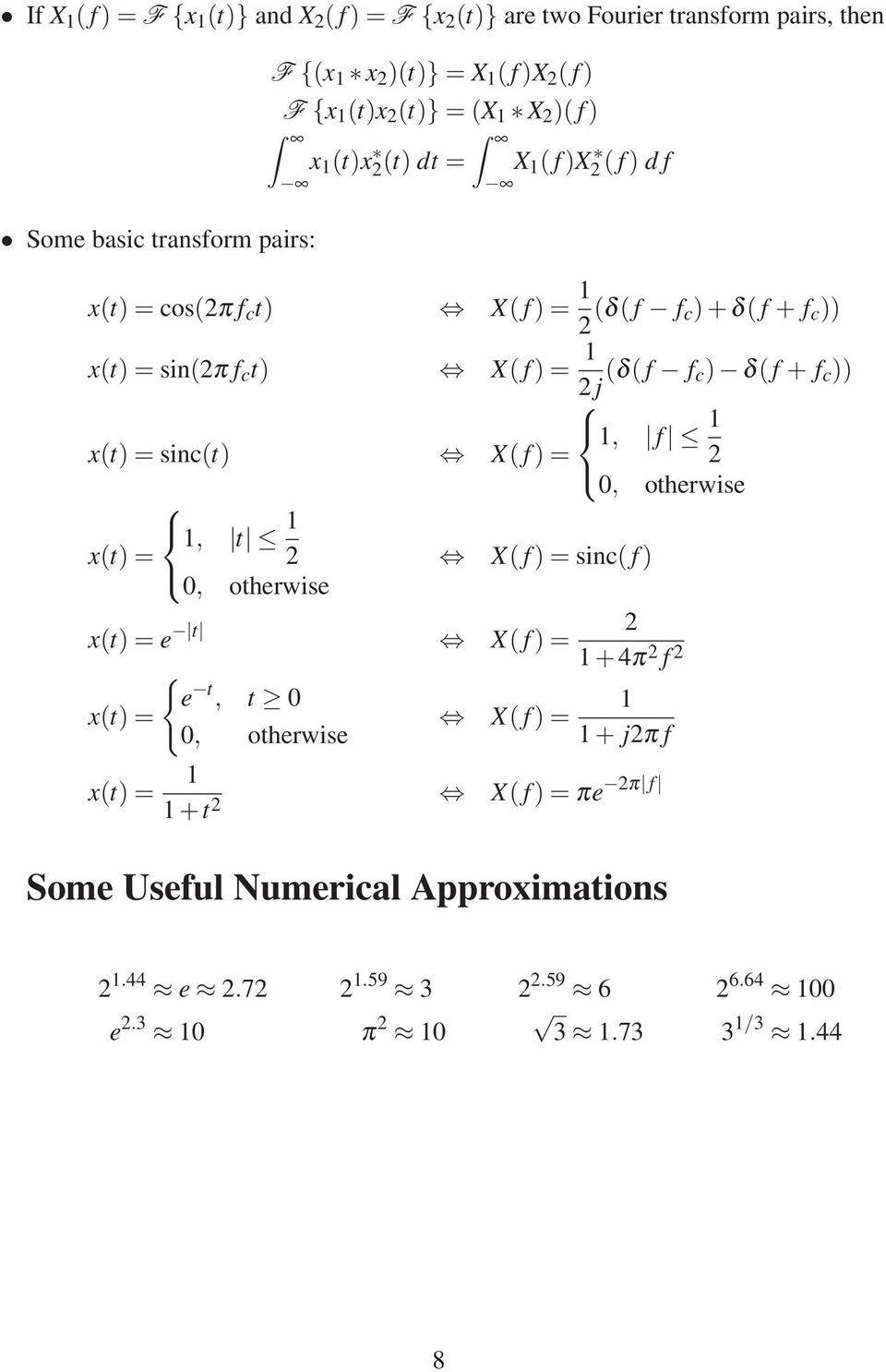 δ( f + f c )) 1, f 1 x(t)=sinc(t) X( f)= 2 0, otherwise 1, t 1 x(t)= 2 X( f)=sinc( f) 0, otherwise x(t)=e t 2 X( f)= 1+4π 2 f { 2 e t, t 0 1 x(t)= X( f)= 0,