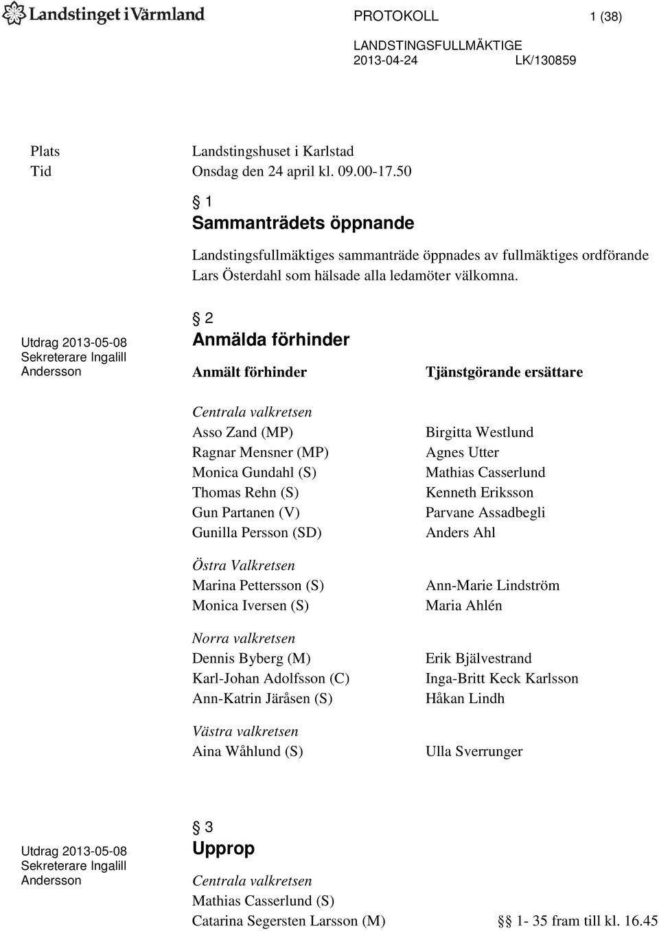 Sekreterare Ingalill Andersson 2 Anmälda förhinder Anmält förhinder Centrala valkretsen Asso Zand (MP) Ragnar Mensner (MP) Monica Gundahl (S) Thomas Rehn (S) Gun Partanen (V) Gunilla Persson (SD)