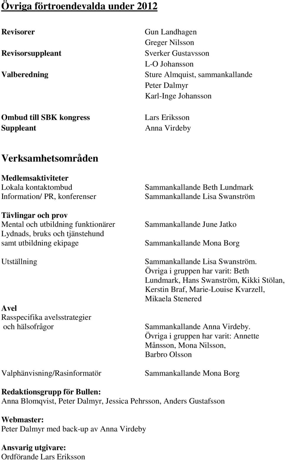 utbildning funktionärer Lydnads, bruks och tjänstehund samt utbildning ekipage Utställning Avel Rasspecifika avelsstrategier och hälsofrågor Valphänvisning/Rasinformatör Sammankallande Beth Lundmark